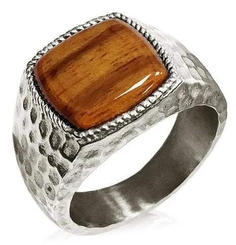 baroque emerald stack ring-Stainless Steel Hammer Style Cherry Wood Inlay Signet Style Ring-13mm