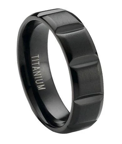 lavish cocktail ring-Matte Finished Black Titanium Wedding Ring with Vertical Grooves | 6mm