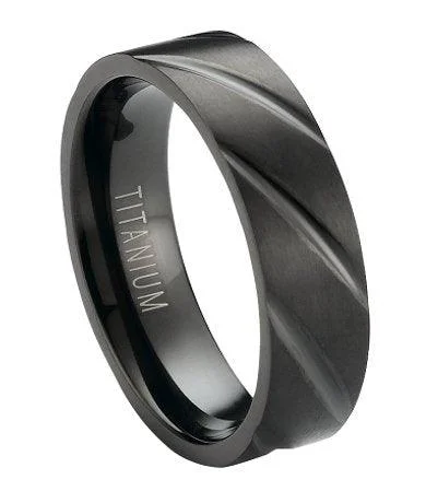 sci-fi bolt ring-Matte-Finished Black Titanium Band with Diagonal Grooves | 6mm