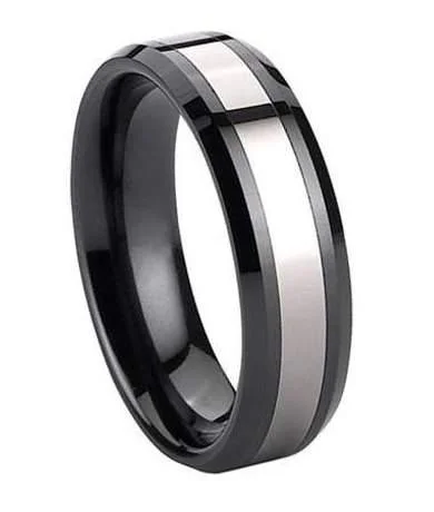 octagon-shaped ring-Black Ceramic & Tungsten Ring with Beveled Edges - 8mm