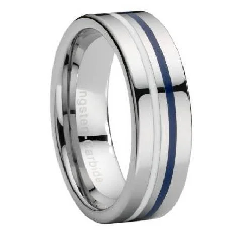 sci-fi sleek ring-Tungsten Ring with White & Navy Blue Enamel Stripe-8mm