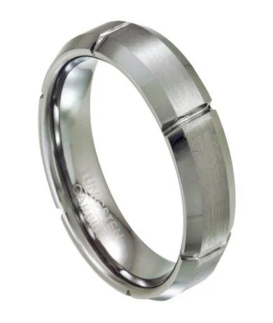 wave promise ring-Tungsten Wedding Ring with Satin Finish and Grooves-7mm