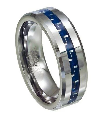 carved monogram ring-Tungsten and Blue Carbon Fiber Polished Ring with Beveled Edge | 8mm