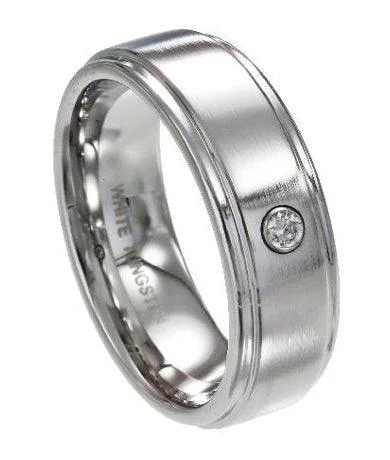 rose gold helix ring-Men's White Tungsten Ring with Single CZ and Polished Edges | 8mm