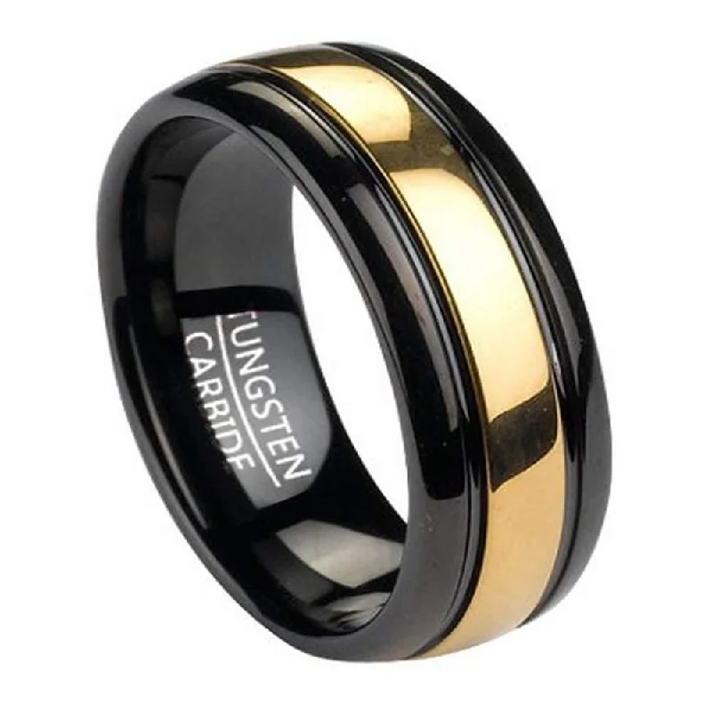 heirloom birthstone ring-Black Tungsten Men's Ring With Gold Tone Inlay | 8mm