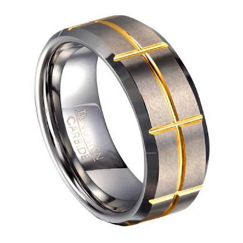 rugged sapphire ring-Men's Tungsten Ring With Gold Tone Groove Pattern | 8mm