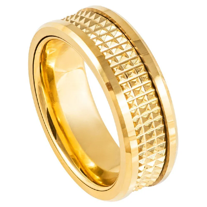 steel promise ring-Tungsten Yellow Gold Plated IP with Center Basket Weave-8mm