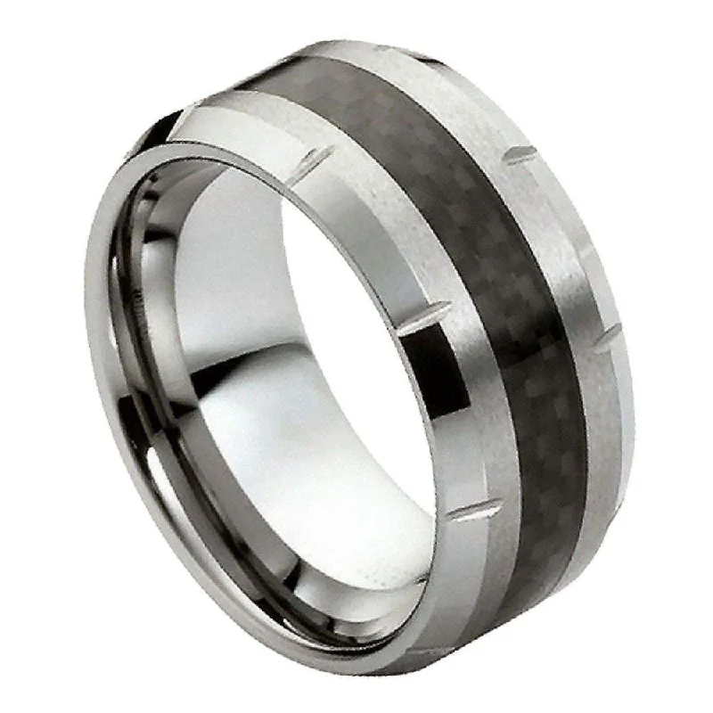 wave-shaped ring-Tungsten Black Carbon Fiber Inlay with Multiple Grooved Edge l 10mm