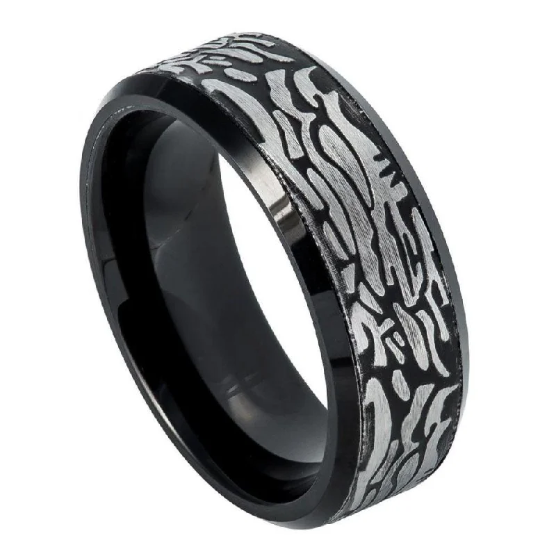 lavish cocktail ring-Black Tungsten Ring with Laser Carved Rock Pattern -8mm