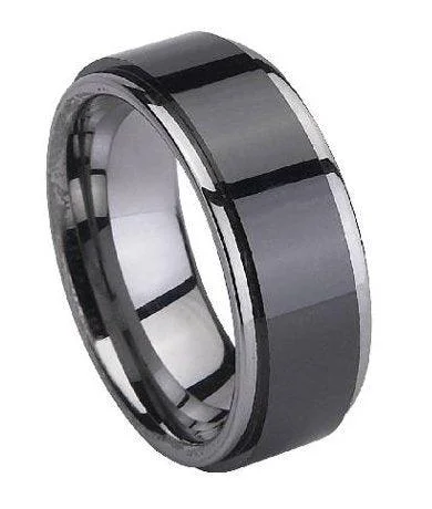 weathered gold ring-Tungsten Black Ceramic-Coated Ring with Polished Edges | 8mm