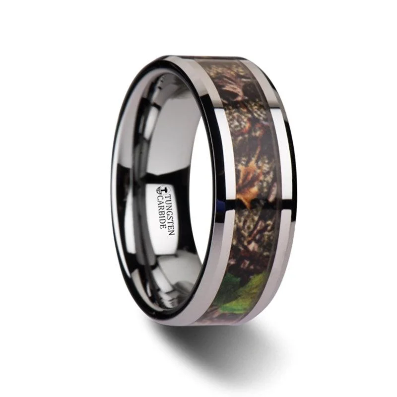 rose gold helix ring-OVERGROWTH Realistic Tree Camo Tungsten Carbide Wedding Band with Green Leaves