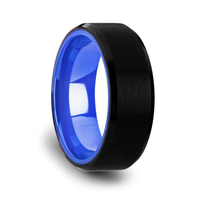 rover chic ring-Rigel Black Tungsten Band Brush Center Bright Bevels Deep Blue Inner Band