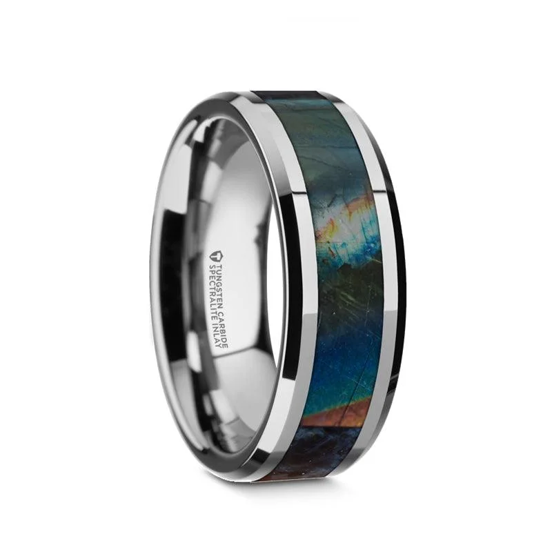 twilight diamond ring-ESSENCE Men's Beveled Tungsten Carbide Ring with Spectrolite Inlay-8mm