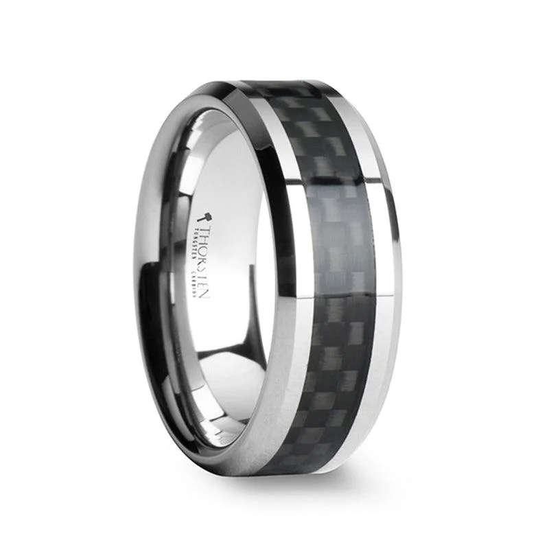 tendril promise ring-MAXIMUS Men's Black Carbon Fiber Inlay Tungsten Carbide Wedding Band-8mm