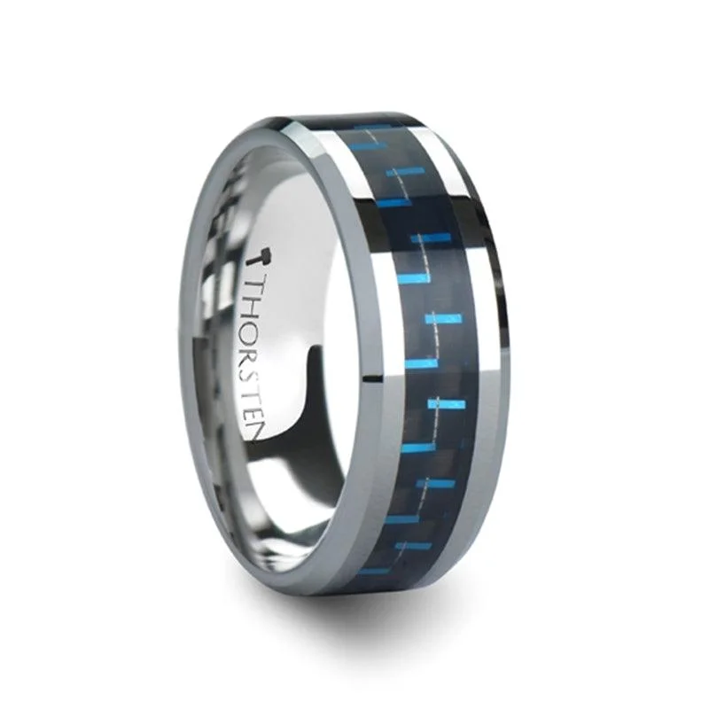 braided love ring-AUXILIUS Men's Black & Blue Carbon Fiber Inlay Tungsten Carbide Ring-8mm