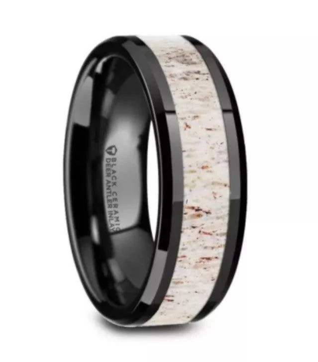 rugged sapphire ring-STAG Black Ceramic Beveled Men's Wedding Band with Off-White Antler Inlay - 8mm