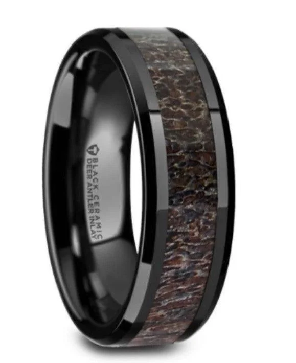 peridot eternity ring-TINE Black Ceramic Polished Beveled Men's Band Dark Brown Antler Inlay - 6mm