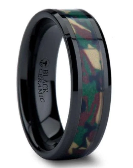 weathered gold ring-RANGER Beveled Black Ceramic Real Military Style Jungle Camo Ring - 6mm