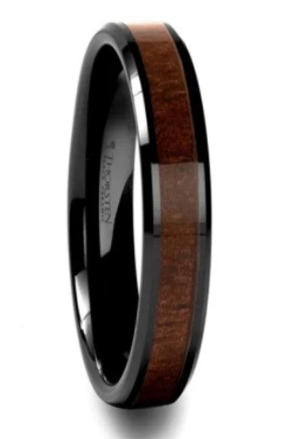 cast couple ring-YUKON Beveled Black Ceramic Ring with Black Walnut Wood Inlay 6mm