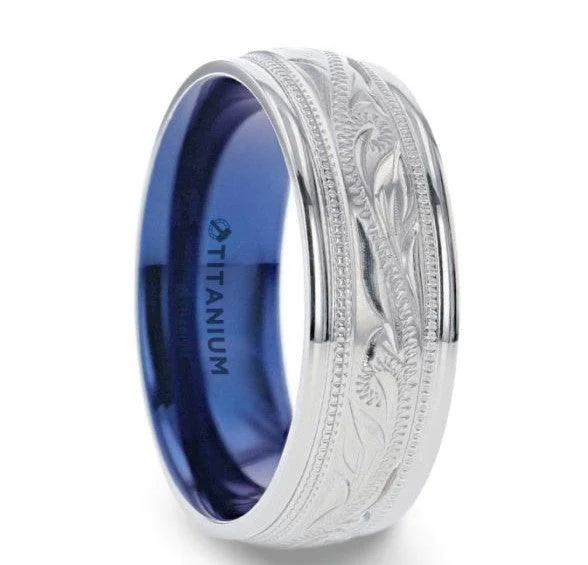 vintage-style band ring-MARINER Titanium Milgrain Engraved Finish Men 's Ring with Blue Plating Inside