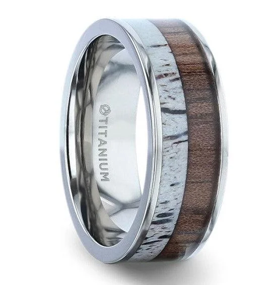 carved silver ring-DARBY Titanium Polished Men's Ring - Deer Antler &  Black Walnut Inlay