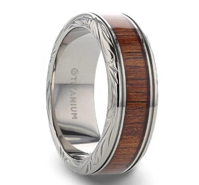 rose gold peridot ring-OHANA Koa Wood Inlaid Titanium Men’s Ring with Intricate Edges