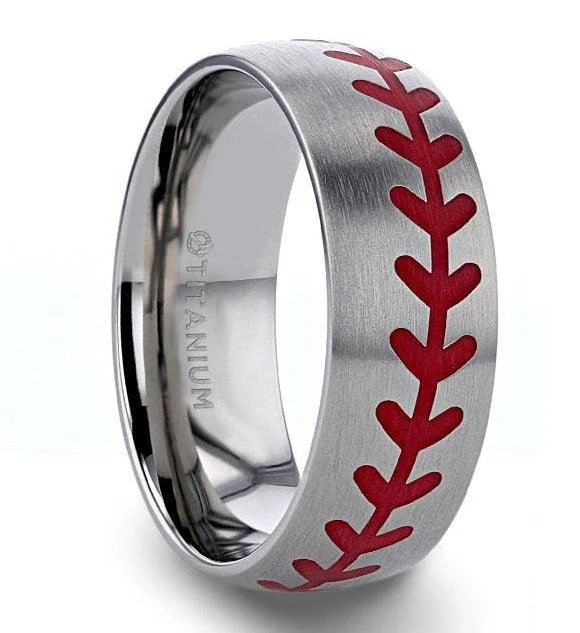 narrow eternity ring-DIMAGGIO Titanium Brushed Finish Ring Red Baseball Stitching Pattern