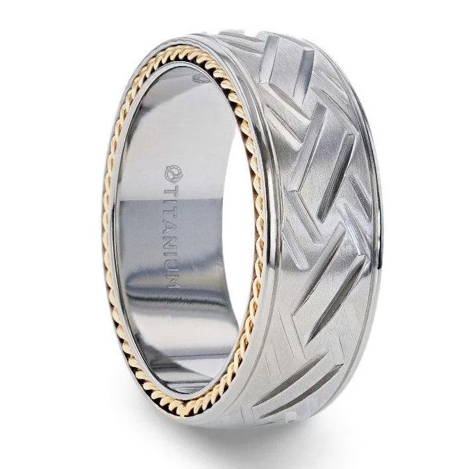 sci-fi twilight ring-SATURN Woven Pattern Domed Titanium With Gold Braided Edges - 8mm