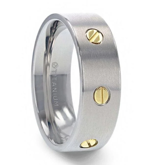 stretchable gold ring-RESOLUTE Titanium Flat Brushed Finish Men's Wedding Ring With Rotating Screw Design