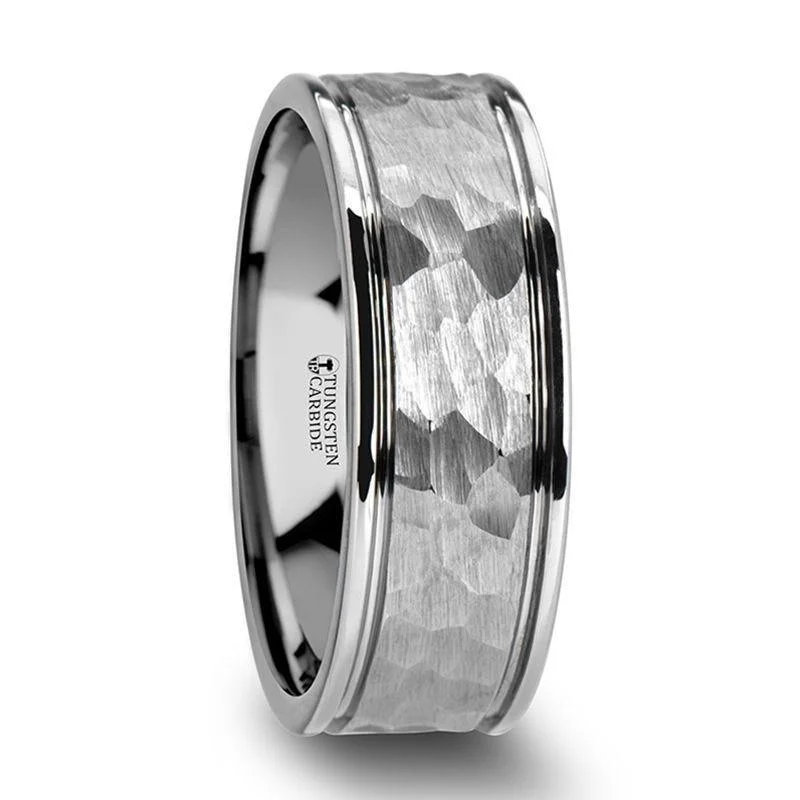 carved silver ring-THORNTON Hammered Finish White Tungsten Carbide Raised Beveled Edge - 8mm