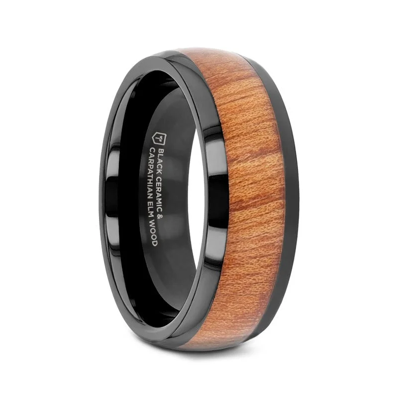 vintage garnet ring-ODYSSEY Black Ceramic Wedding Band with Domed Polished Finish and Carpathian Elm Wood Inlay - 8mm