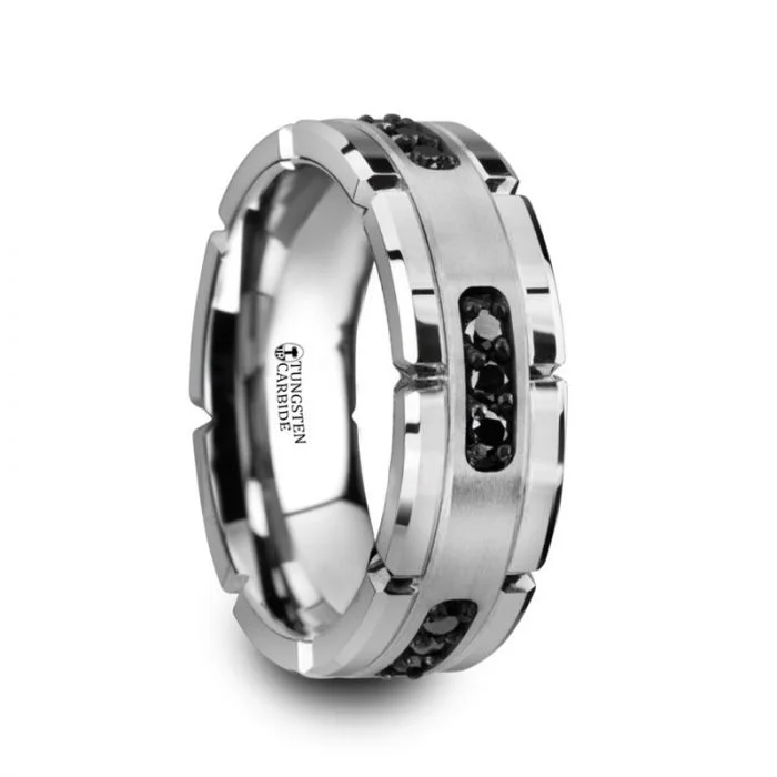 rugged gold ring-VALOR Grooved Tungsten Ring with Silver Inlay & Black Diamonds - 8mm