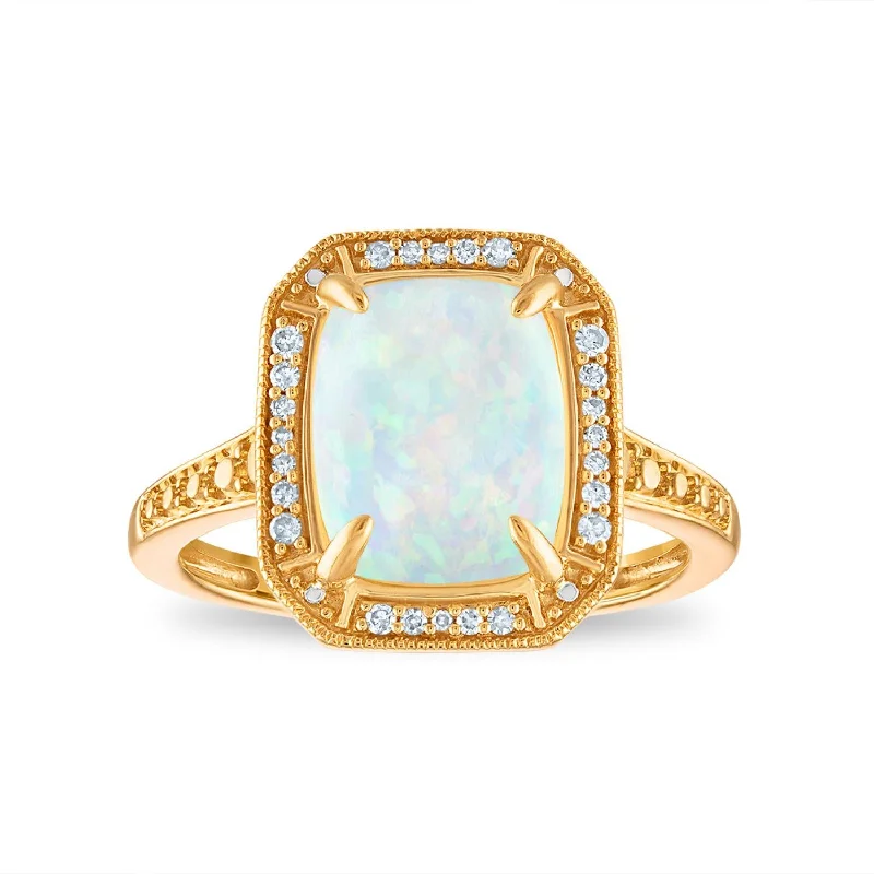 rover stacking ring-LoveSong 10X8MM Cushion Opal and Diamond Halo Ring in 10KT Yellow Gold