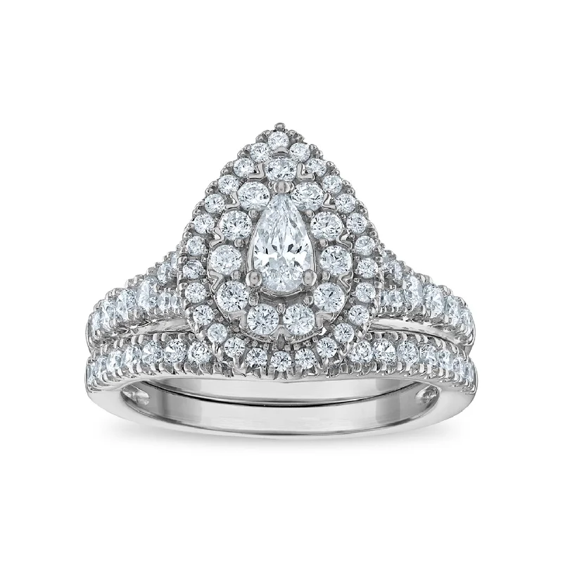 carved monogram ring-LoveSong EcoLove 1 1/4 CTW Lab Grown Diamond Halo Bridal Set in 10KT White Gold