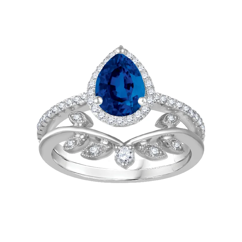 tendril stacking ring-LoveSong EcoLove Blue Sapphire and Diamond Halo Bridal Set in 10KT White Gold