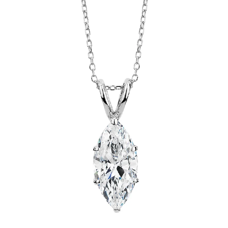 stretchable silver necklace-Marquise solitaire pendant with 2 carat* diamond simulant in 10 carat white gold