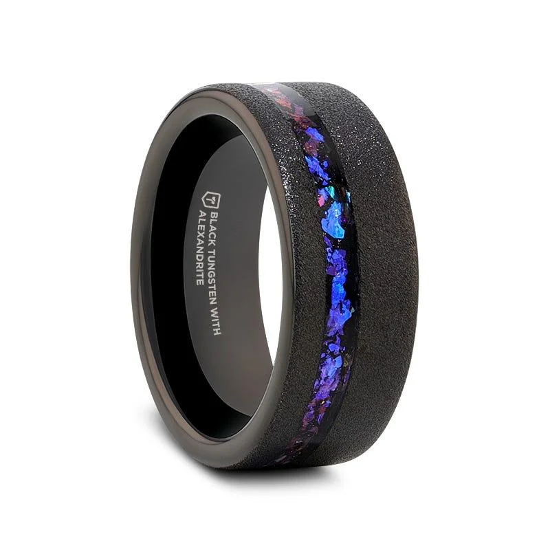 custom nebula ring-MIRAGE Sandblasted Black Tungsten Alexandrite & Dark Blue & Purple Crushed Goldstone