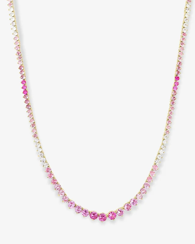 wave-shaped pendant necklace-Not Your Basic Graduated Ombré Tennis Necklace 16" - Gold|Pink Sapphire Ombré