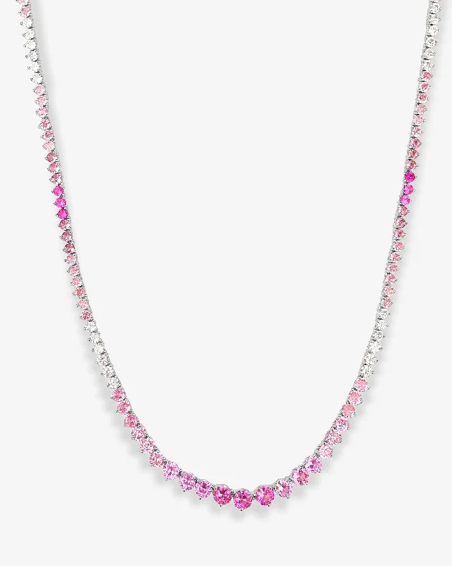 narrow gemstone necklace-Not Your Basic Graduated Ombré Tennis Necklace 16" - Silver|Pink Sapphire Ombré