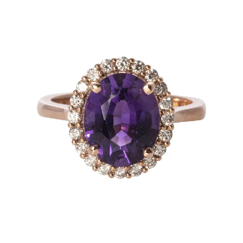 prism gem ring-Oval Amethyst & Diamond Halo 14K Rose Gold Ring