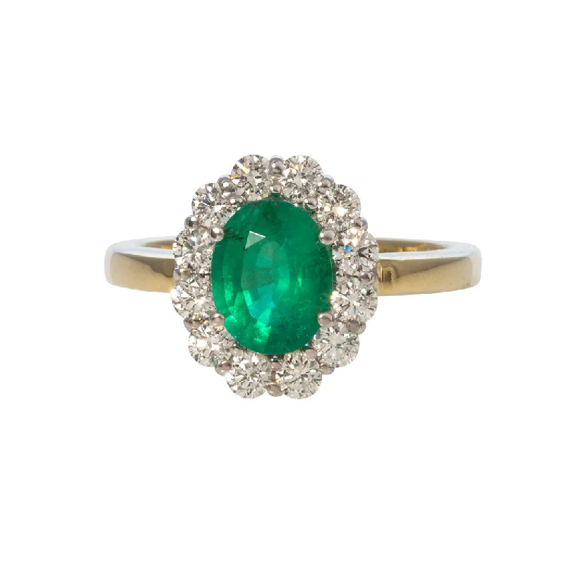 stretchable gold ring-Oval Emerald & Diamond Cluster 18K Two Tone Gold Ring