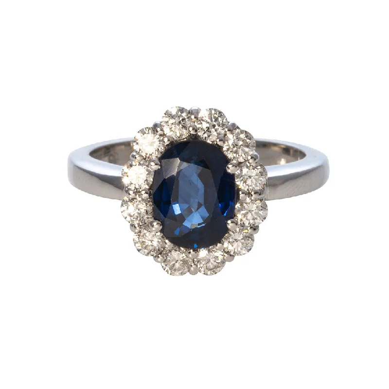 rover turquoise band ring-Oval Sapphire & Diamond Halo 18K White Gold Ring