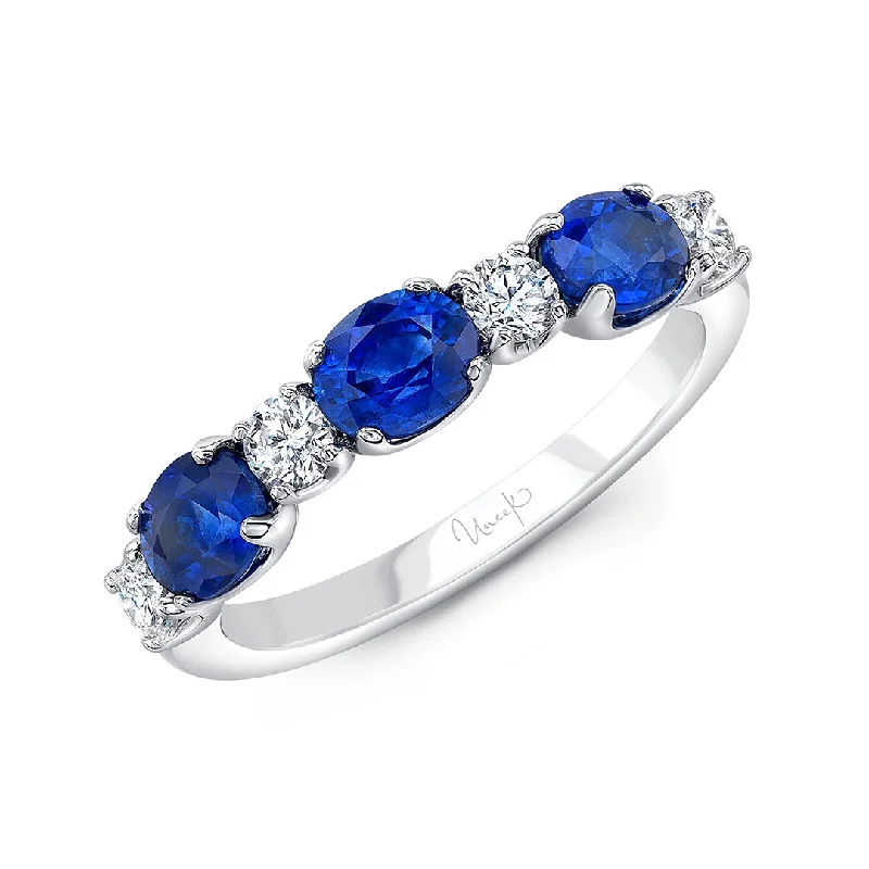 narrow gold ring-Oval Sapphire & Round Diamond 18K White Gold Band