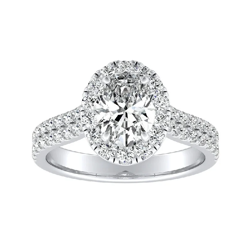 ribbed silver ring-Oval Shape Halo Diamond Engagement Ring 1 1/4ctw 14k Gold (H-I, SI1-SI2)