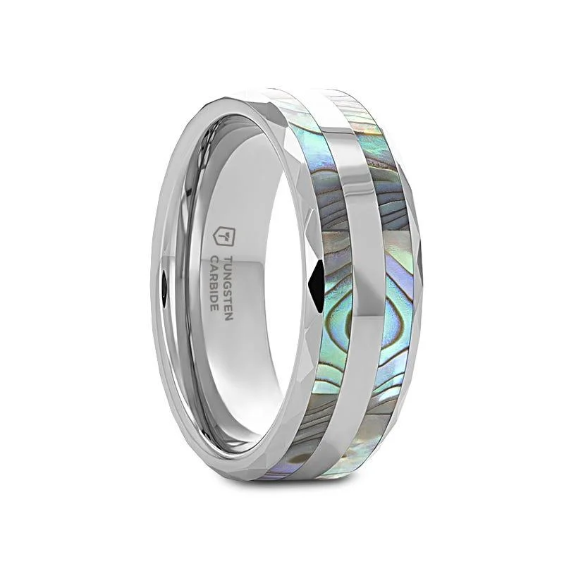 tendril leaf ring-PAUA Abalone Shell Inlay Faceted Tungsten Ring With Beveled Polished Edges - 8mm