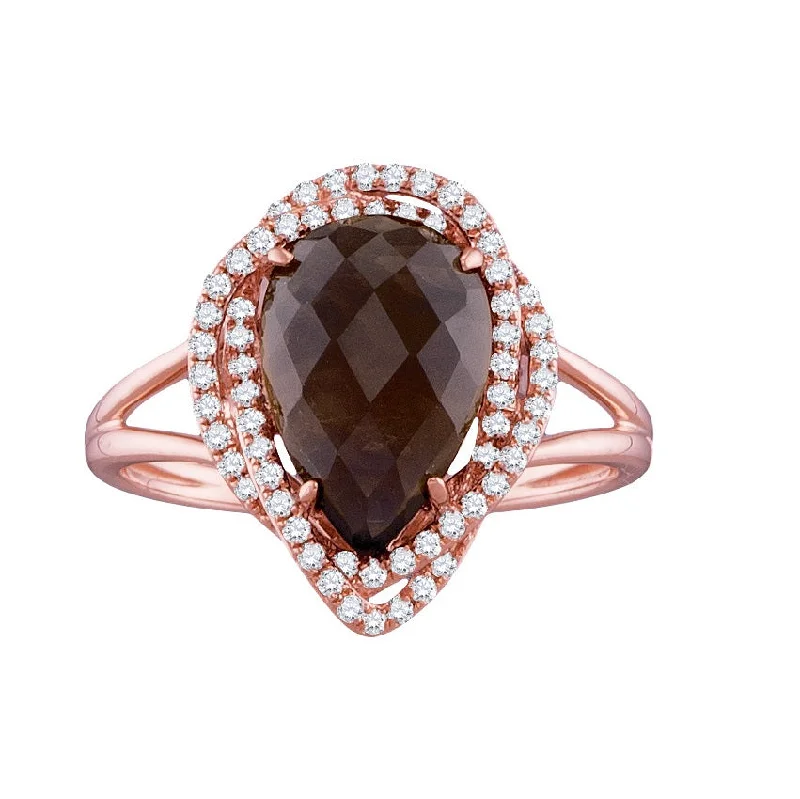 weathered statement ring-Pear Smokey Quartz and Diamond Ring in 14KT Rose Gold