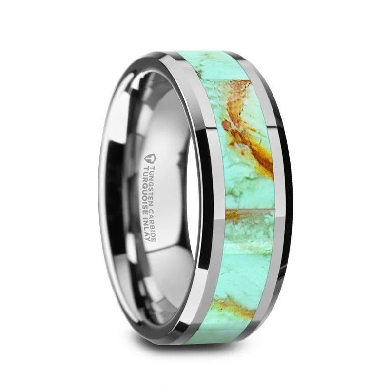 weathered silver band ring-PIERRE Polished Tungsten Ring with Light Blue Turquoise Stone Inlay & Polished Beveled Edges - 8mm