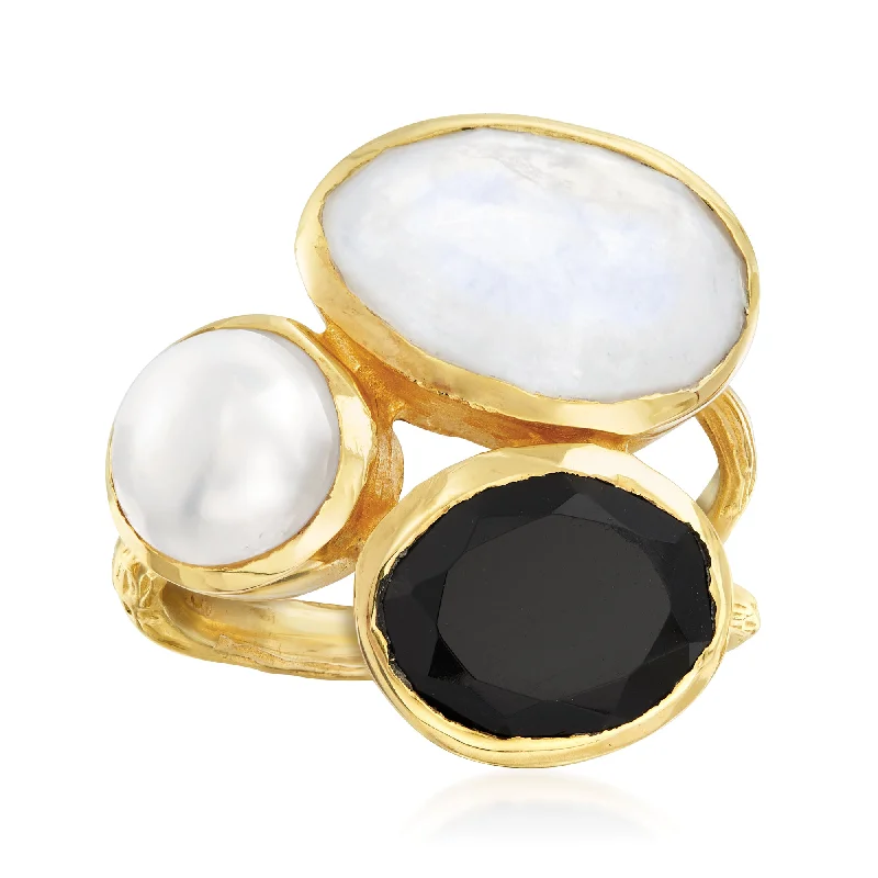 vine-themed stack ring-Ross-Simons 8mm Cultured Pearl, Black Onyx and Moonstone Ring in 18kt Gold Over Sterling