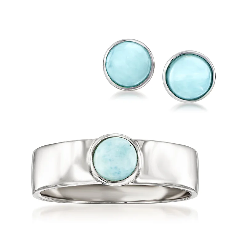 six-stone ring-Ross-Simons Larimar Jewelry Set: Stud Earrings and Ring in Sterling Silver