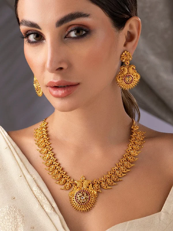 pearl braided necklace-Rubans 22K Gold Plated Handcrafted  Faux Ruby & Filigree Traditional Necklace Set